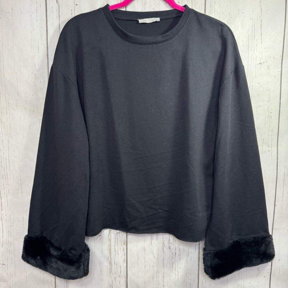 Zara Trafaluc Black Faux Fur Cuff Long Sleeve Top Minimalist Elegant Modern Chic